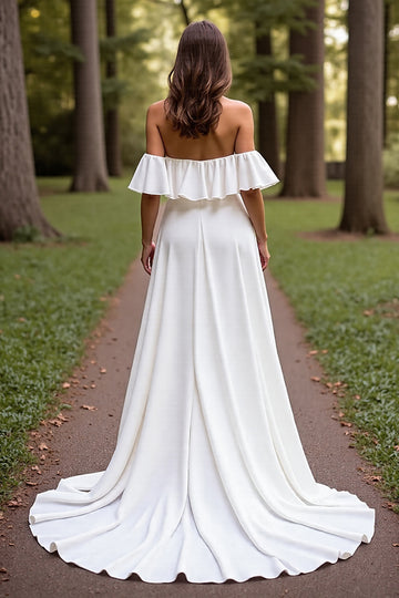 Off The Shoulder White Ruffled A Line Wedding Dress